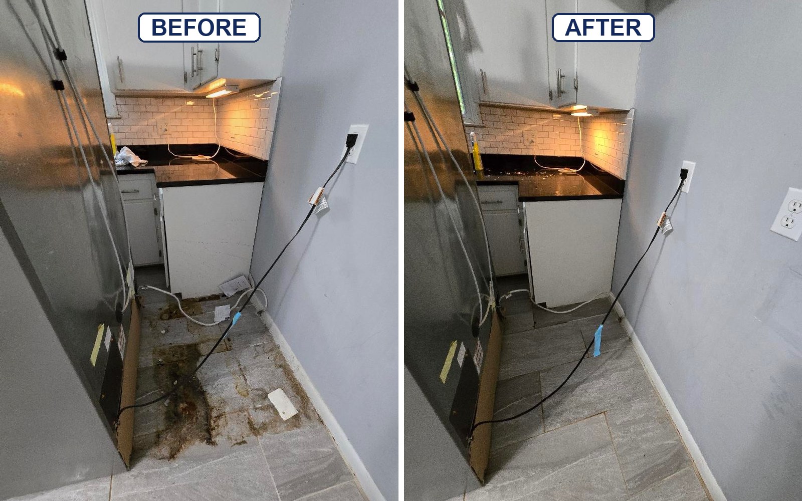 Floor behind the fridge before and after
