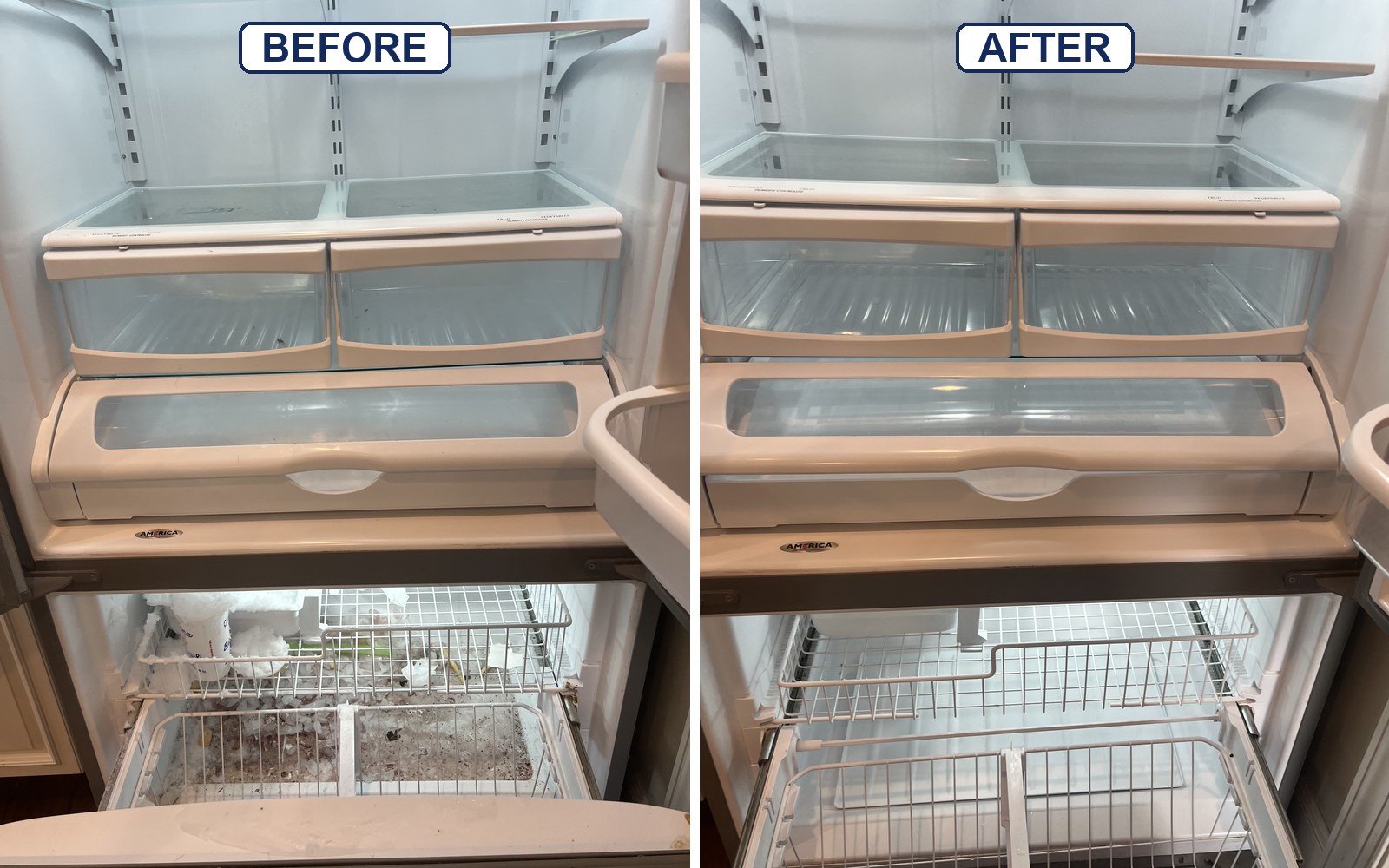 Refrigerator interior before and after deep cleaning