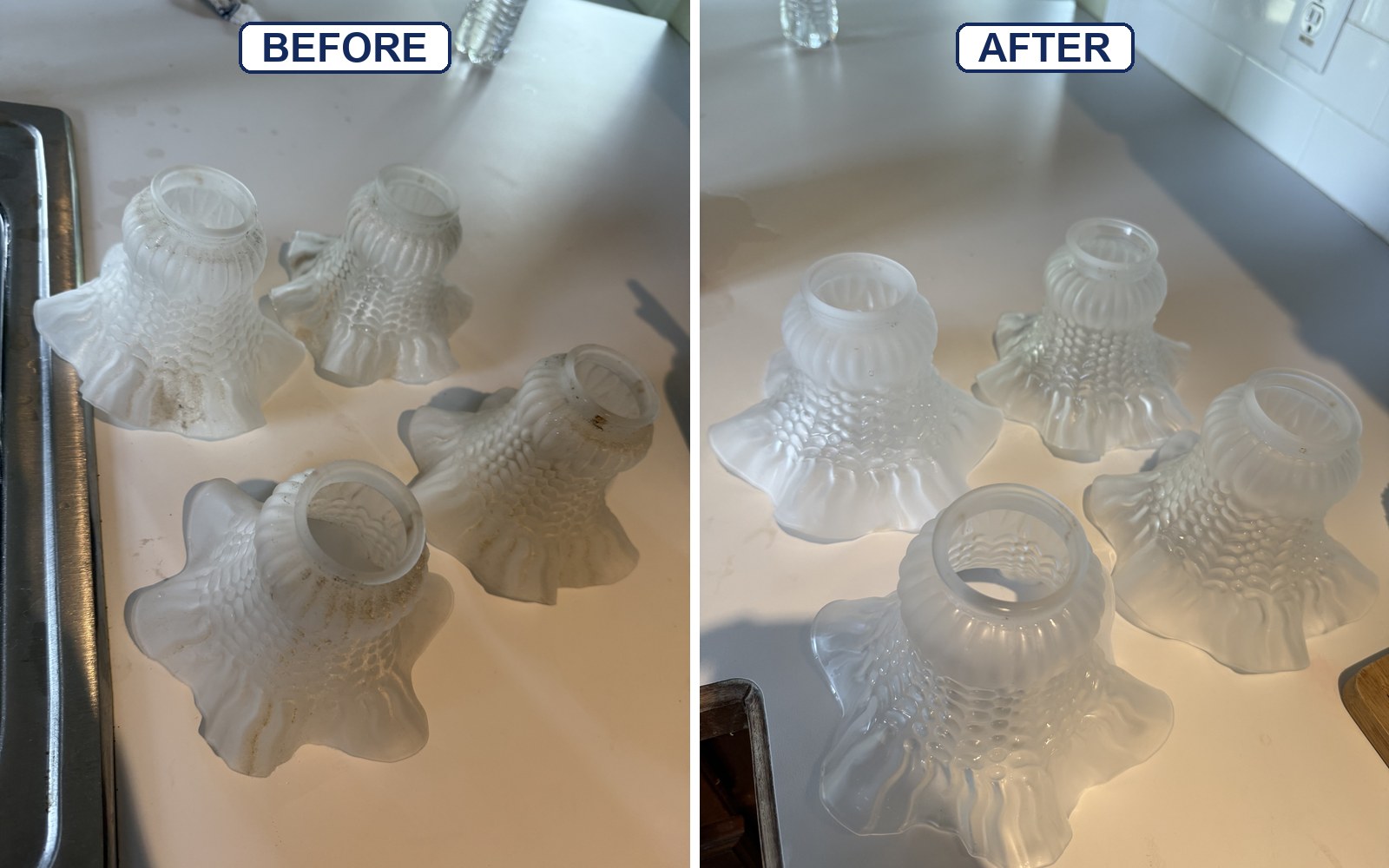 Frosted glass shades before and after cleaning