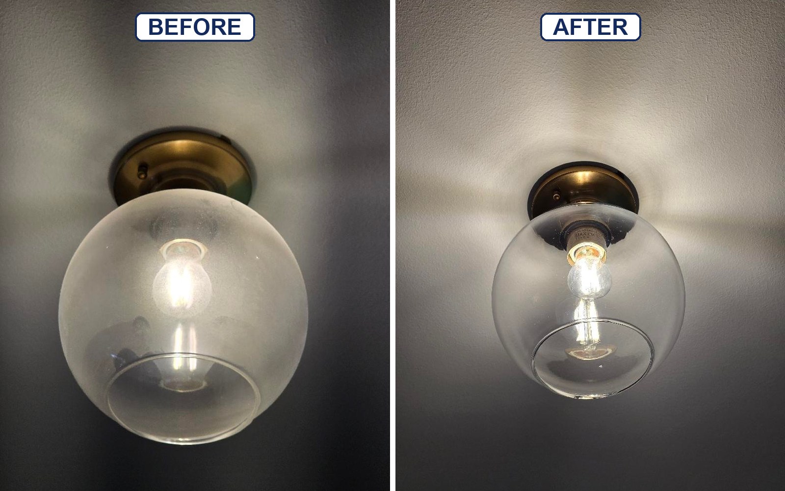 Pendant globe light before and after polishing