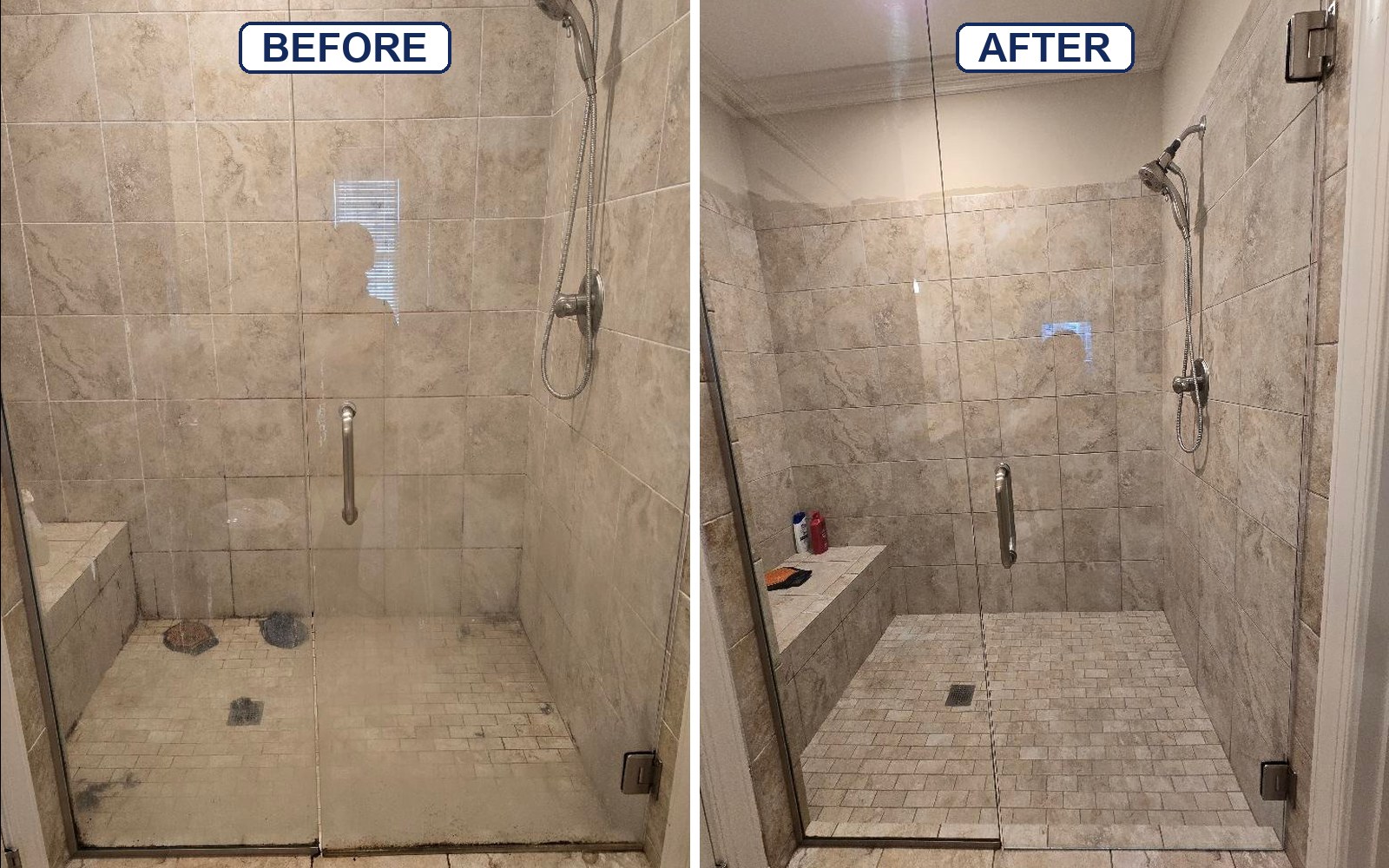 Master shower before and after a deep clean