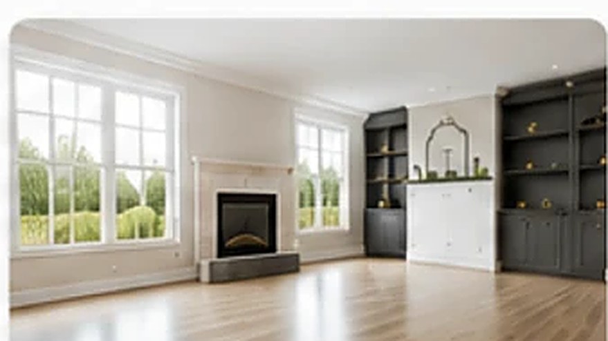 Bright empty living room with fireplace ready for move-in